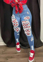 Women Casual Stretch Ripped Patchwork Denim Pants Women Casual Stretch Ripped Patchwork Denim Pants