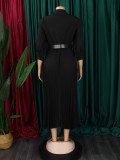 Women Summer Fashion Chic Pleated Solid Color Turndown Collar Long Sleeve High Waist African Dress