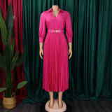 Women Summer Fashion Chic Pleated Solid Color Turndown Collar Long Sleeve High Waist African Dress