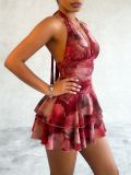 Women Sexy V Neck Printed Halter Neck Lace-Up Mini Dress