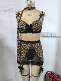 Women Leopard Print Contrast Lace Bra and Panty Lingerie Set