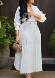 Women Summer Fashion Chic Pleated Solid Color Turndown Collar Long Sleeve High Waist African Dress