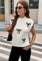 Women Round Neck Sleeveless Bow Print Knitted Top