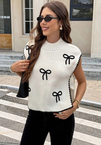 Women Round Neck Sleeveless Bow Print Knitted Top