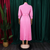 Women Summer Fashion Chic Pleated Solid Color Turndown Collar Long Sleeve High Waist African Dress