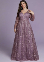 Women Plus Size Sexy V Neck Long Sleeve Elegant Formal Party Maxi Dress