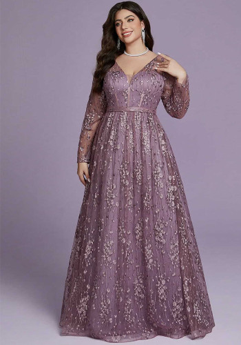 Women Plus Size Sexy V Neck Long Sleeve Elegant Formal Party Maxi Dress