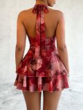 Women Sexy V Neck Printed Halter Neck Lace-Up Mini Dress