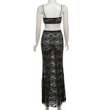 Copy Summer Women sexy hollow strap top and solid lace skirt two-piece suit