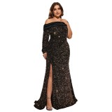 Women Plus Size Chic Slim Fit Off Shoulder Sequin Evening Gown Dress