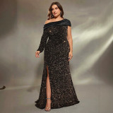 Women Plus Size Chic Slim Fit Off Shoulder Sequin Evening Gown Dress