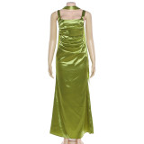 Women Spring Chic Fashion Square Neck Low Back Ruched Slim Fit Evening Dress