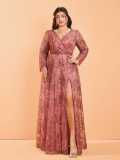 Women Plus Size Long Sleeve Split Slim Fit Formal Party Maxi Dress