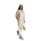 Women Spring Summer Casual Solid Color Turndown Collar Short Sleeve Top with Tight Pants Set