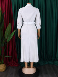 Women Summer Fashion Chic Pleated Solid Color Turndown Collar Long Sleeve High Waist African Dress