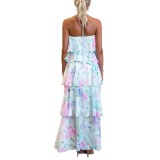 Women Spring Summer Layered Chiffon Printed Lace-Up Holiday Dress
