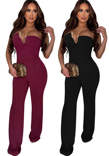 Women Fashion Sexy Slim Fit Solid Color Strapless Jumpsuit
