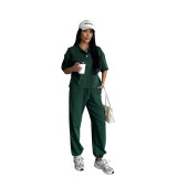 Women Spring Summer Casual Solid Color Turndown Collar Short Sleeve Top with Tight Pants Set