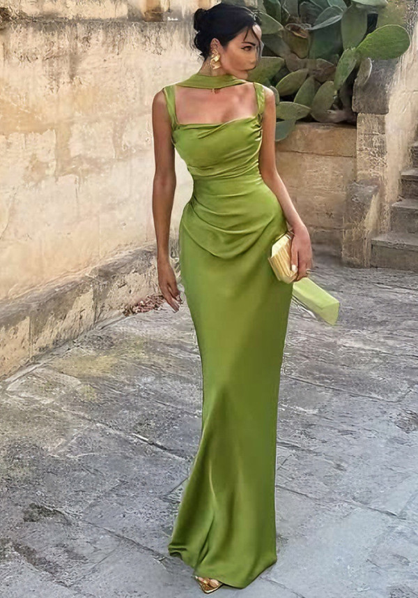 Women Spring Chic Fashion Square Neck Low Back Ruched Slim Fit Evening Dress