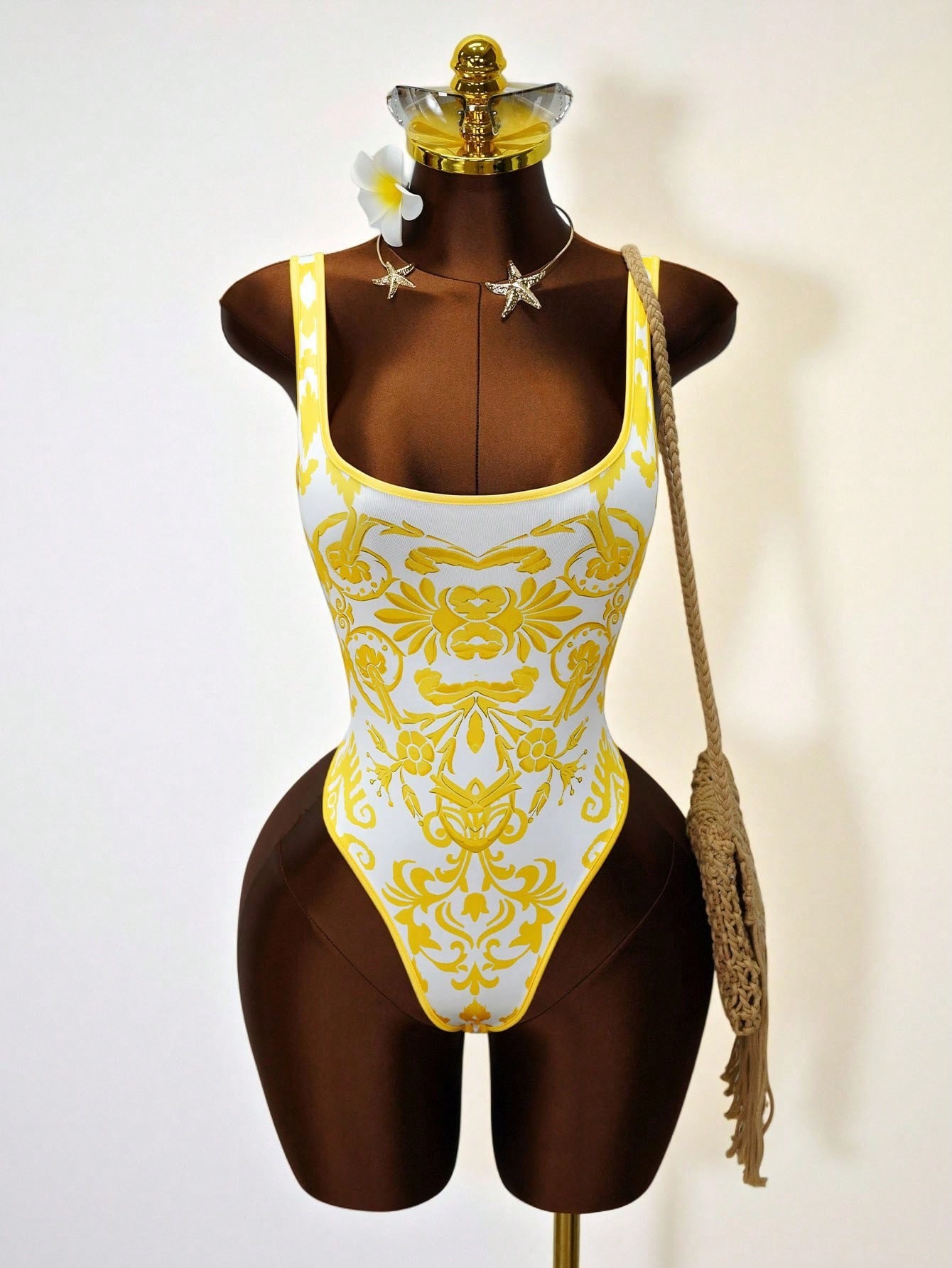 Printed Tight Fitting Low Back One-Piece Bodysuit