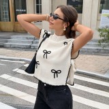 Women Round Neck Sleeveless Bow Print Knitted Top