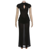 Women Spring Sexy Slim Fit Stand Collar Button Short Sleeve Bodycon Long Dress