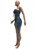 Women Sexy Strapless Irregular Zipper Lace-Up Multi-Pocket Stretch Washed Denim Bodycon Dress