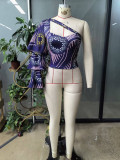 Women One Shoulder Ruffle Printed Short Top Slash Shoulder Vest