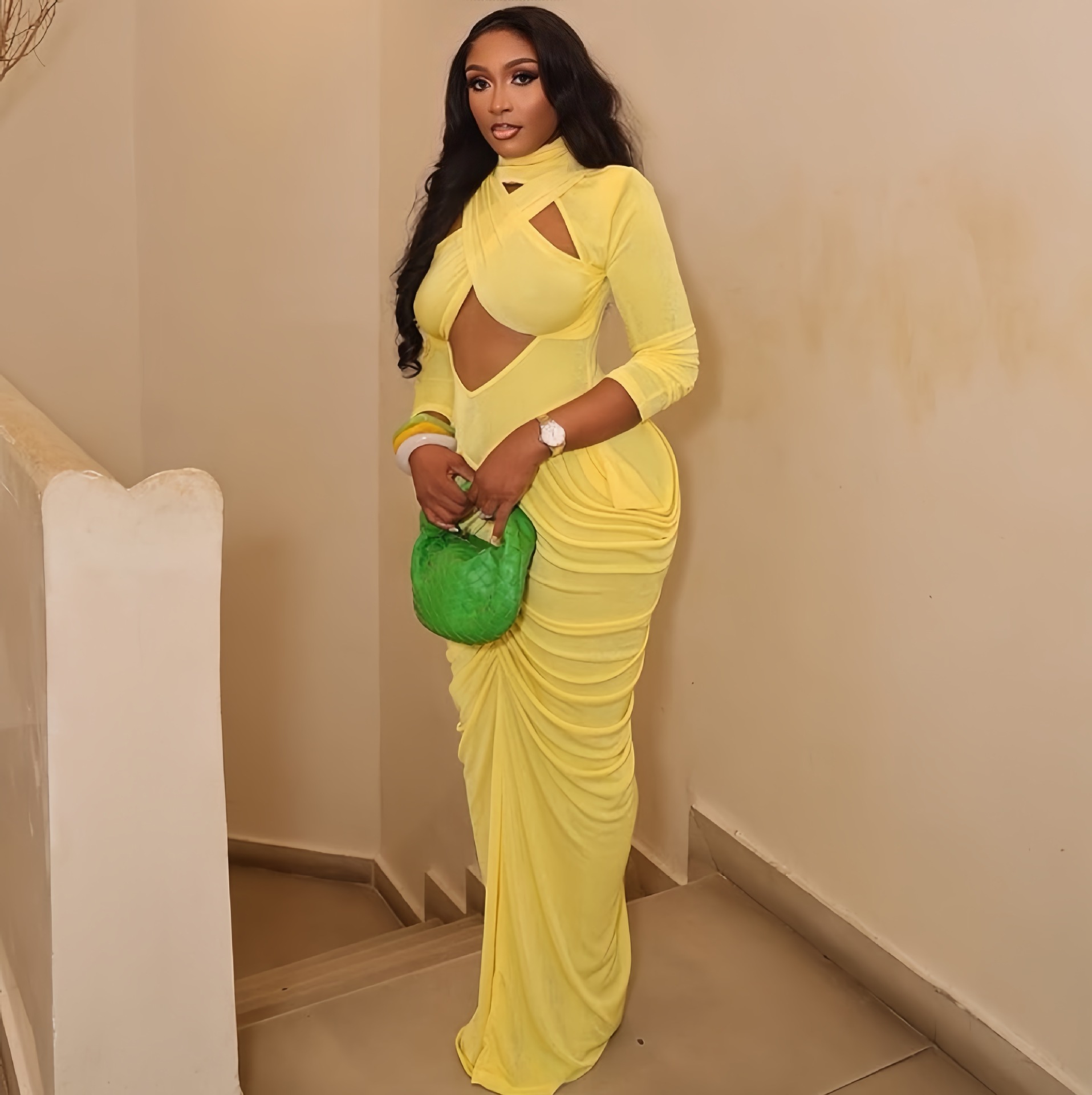 Solid Long Sleeve Stand Collar Hollow Ruched Maxi Dress