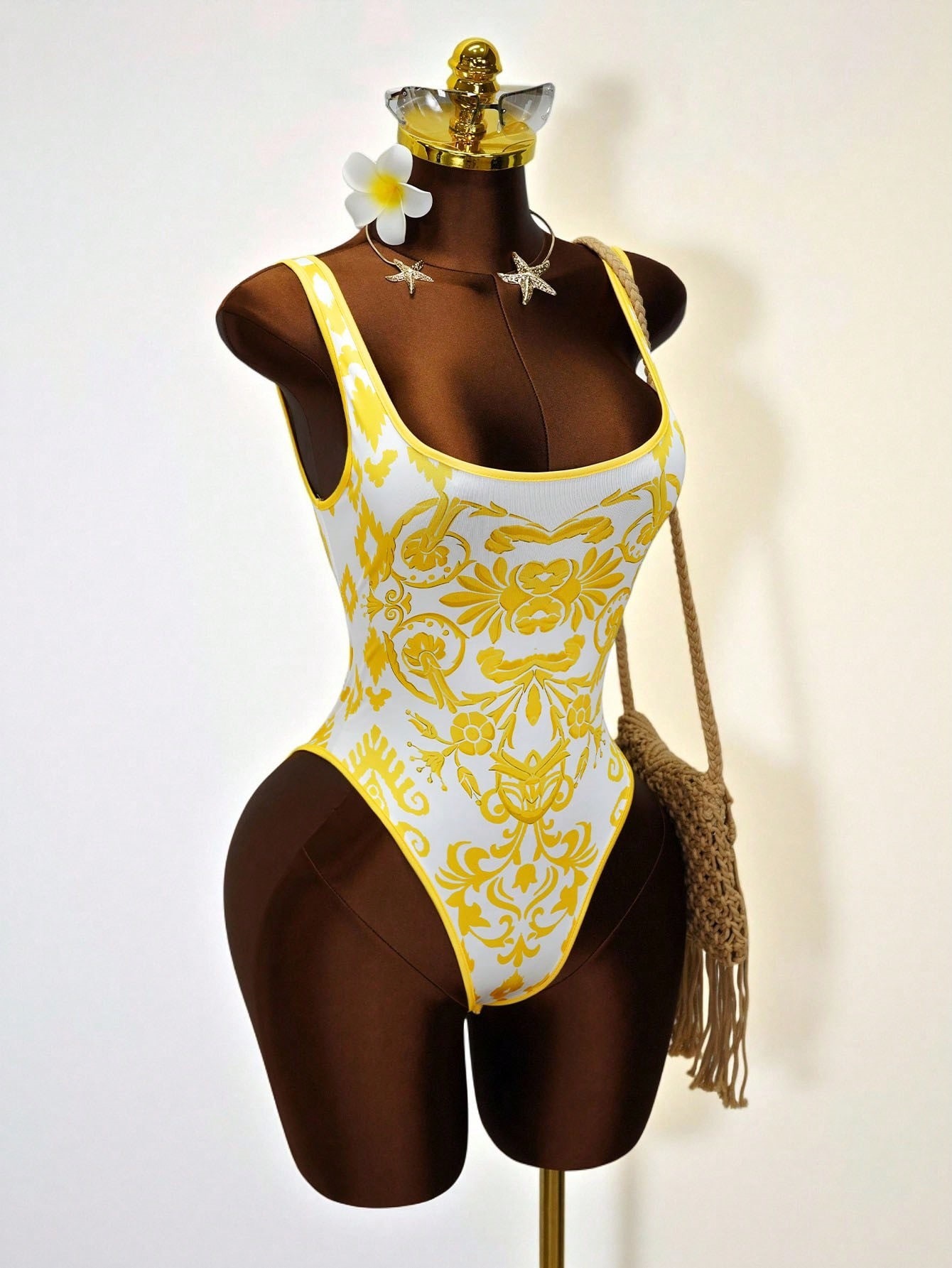 Printed Tight Fitting Low Back One-Piece Bodysuit