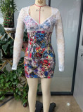 Women Sexy Lace Patchwork V Neck Printed Slim Fit Dress