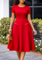 Women Chic Elegant Round Neck Slim Waist Slim Fit Solid Color Dress