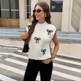 Women Round Neck Sleeveless Bow Print Knitted Top