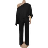 Women Fashion Sexy Beach Holiday Slash Shoulder Top with Elastic Waist Pocket Pants Set