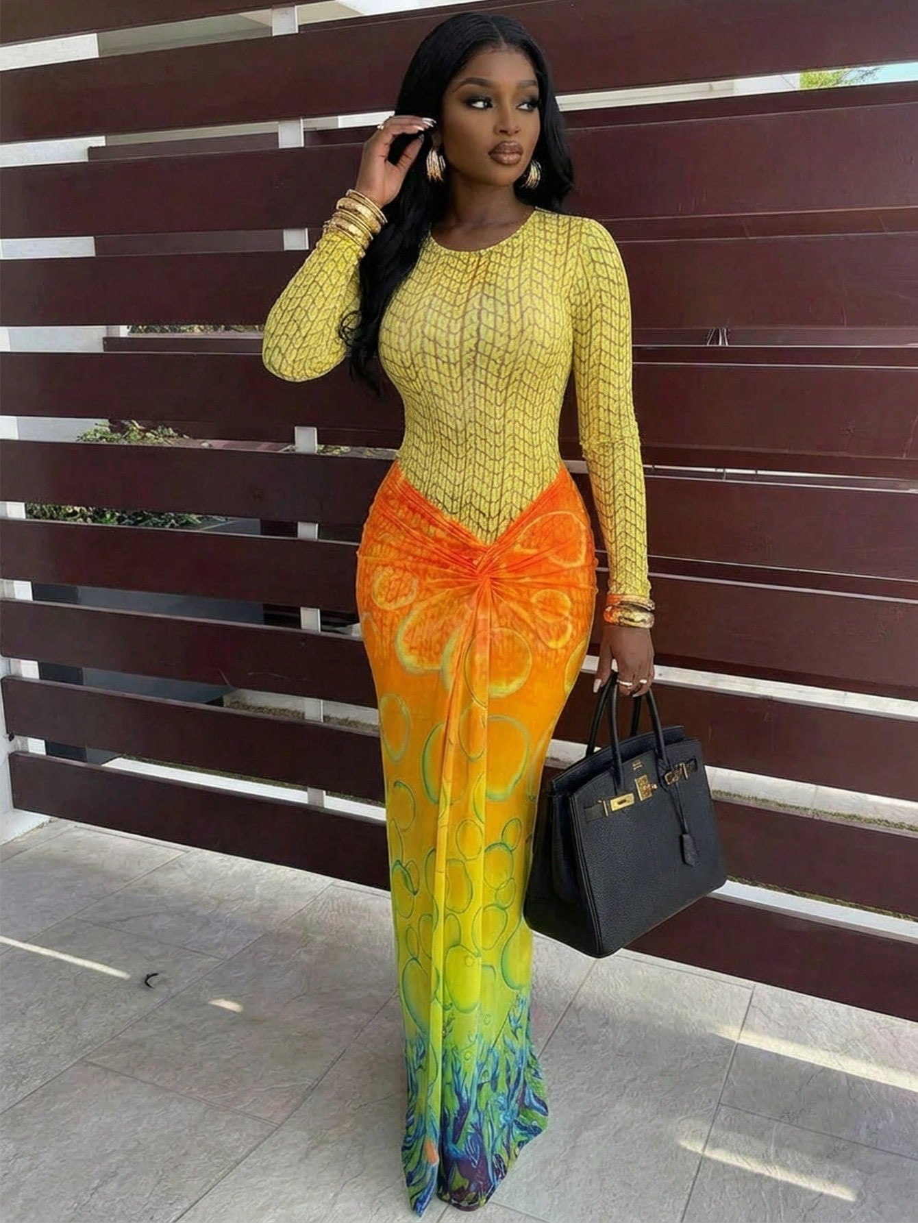 Printed Round Neck Long Sleeve Split Bodycon Dress