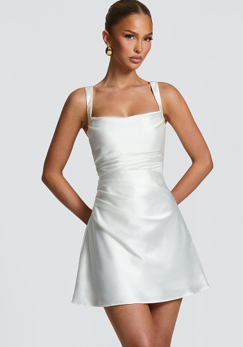 Women Spring Sexy Fashion Low Back Square Neck Ruched Short Dress