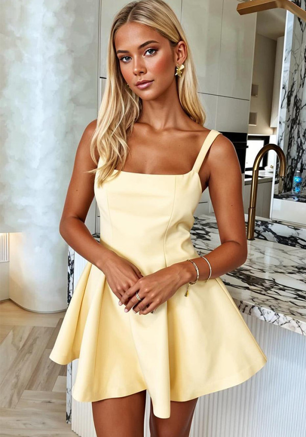 Women Summer Chic Slim Waist Sleeveless Solid Color Mini Dress