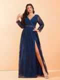 Women Plus Size Long Sleeve Split Slim Fit Formal Party Maxi Dress