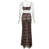 Copy Summer Women sexy hollow strap top and solid lace skirt two-piece suit