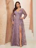 Women Plus Size Long Sleeve Split Slim Fit Formal Party Maxi Dress