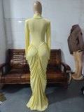 Women Spring Solid Color Long Sleeve Stand Collar Hollow Ruched Maxi Dress