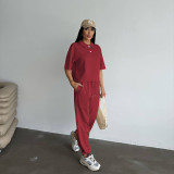 Women Spring Summer Casual Solid Color Turndown Collar Short Sleeve Top with Tight Pants Set