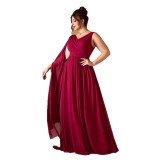 Women Plus Size Burgundy V Neck Low Back High Waist Split A-Line Formal Party Dress