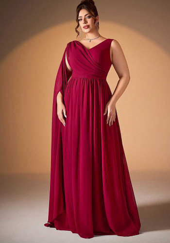 Women Plus Size Burgundy V Neck Low Back High Waist Split A-Line Formal Party Dress