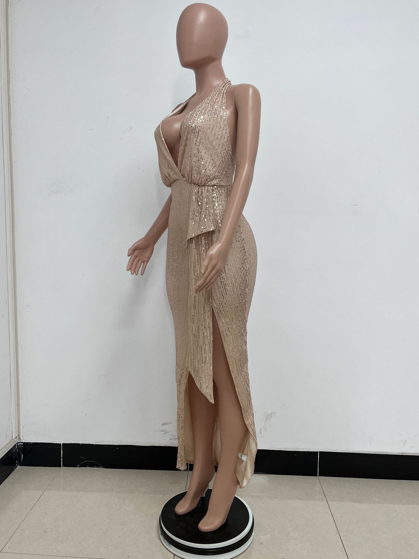 Sleeveless Halter Backless Sequined Dress for Evening Parties