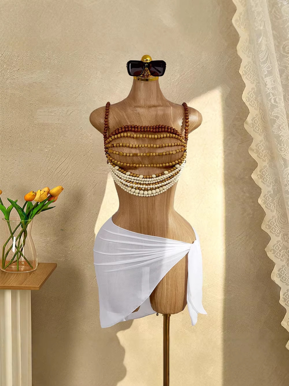 Multi-Layer Brown Beaded Halter Necklace for Summer Festivals