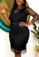 Women Sexy Black See-Through Beaded Tassel V-Neck Formal Party Dress