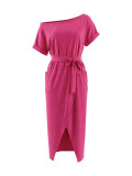 Women Slash Shoulder Lace-Up Elegant Dress
