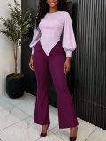 Women Lantern Sleeve Casual Asymmetrical Top and Bell Bottom Pants Two-Piece Set