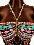 Women Gemstone Bra Backless Halter Neck Beaded Strapless Body Chain